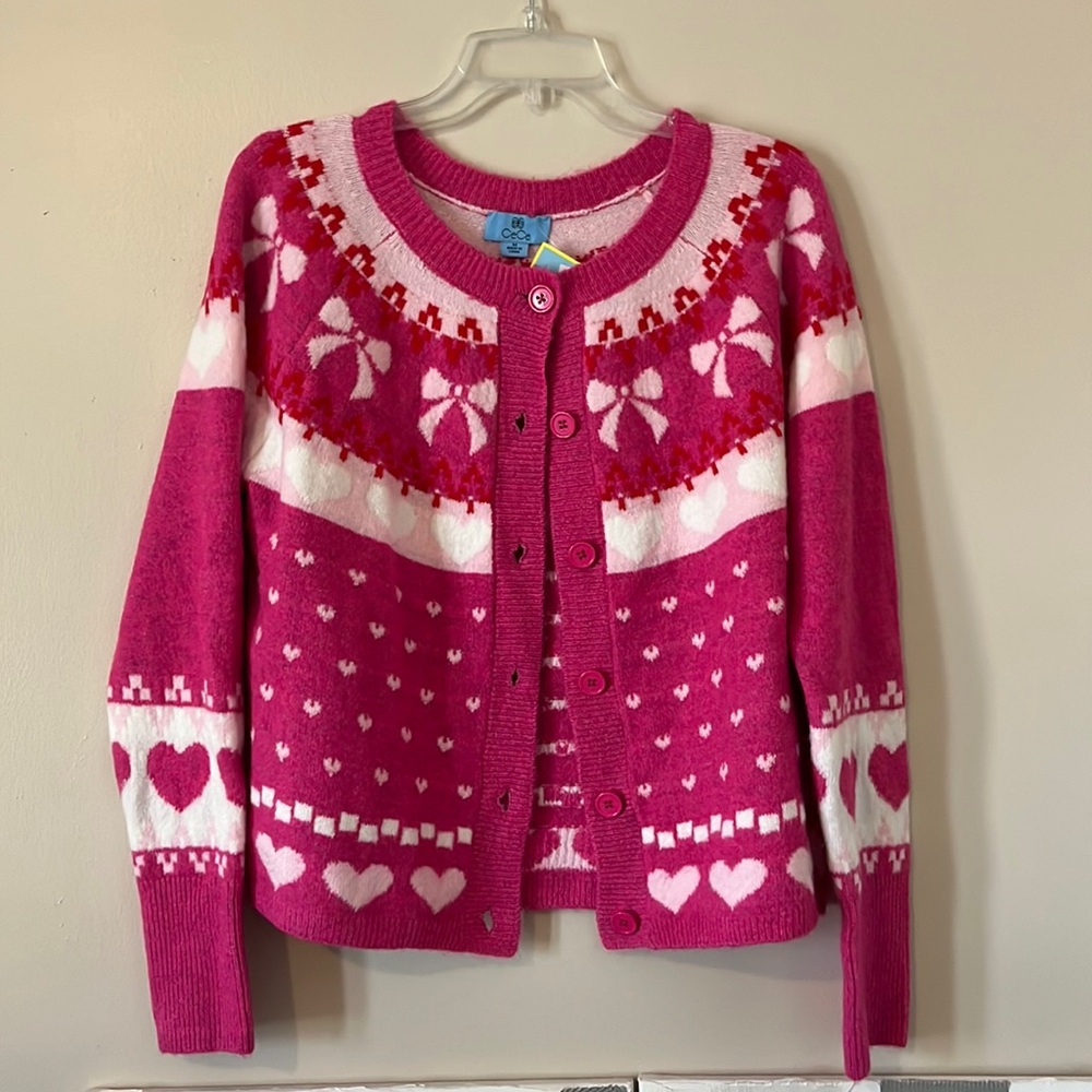 NWT CeCe Pink Cardigan with Bows and Hearts! Size M
